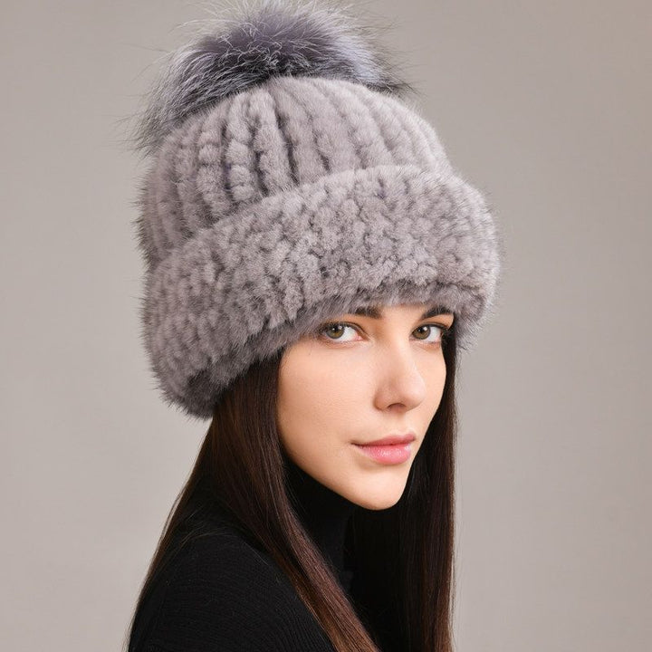Luxury Real Mink Fur Beanie Hat with Fox Fur Pom-Pom Elegant Winter Knitted Hat for Women
