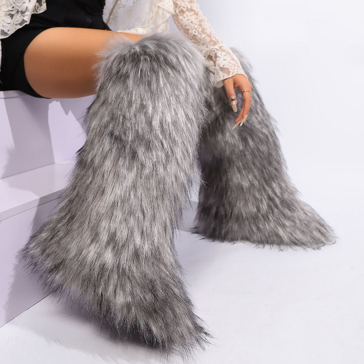 Womens Faux Fur Boot Winter Fluffy Long Furry Boots for Girls Outdoor Fuzzy Knee-High Boots