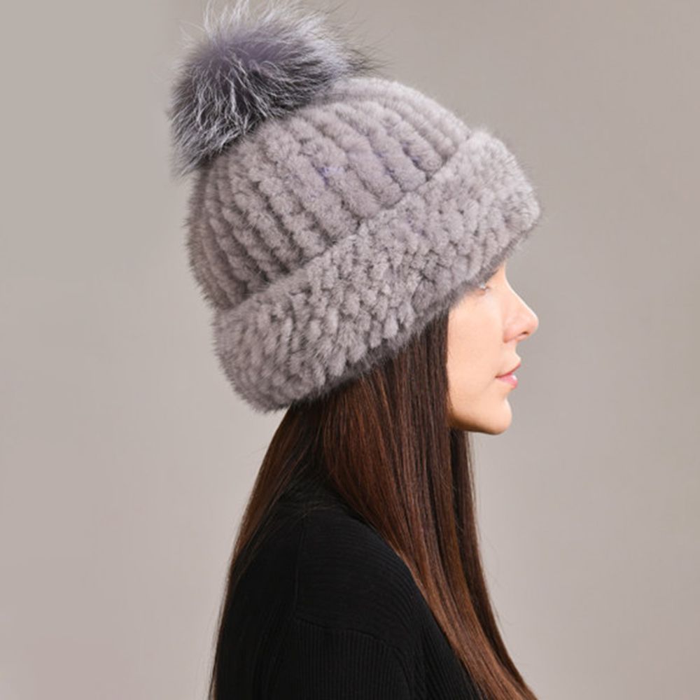 Luxury Real Mink Fur Beanie Hat with Fox Fur Pom-Pom Elegant Winter Knitted Hat for Women