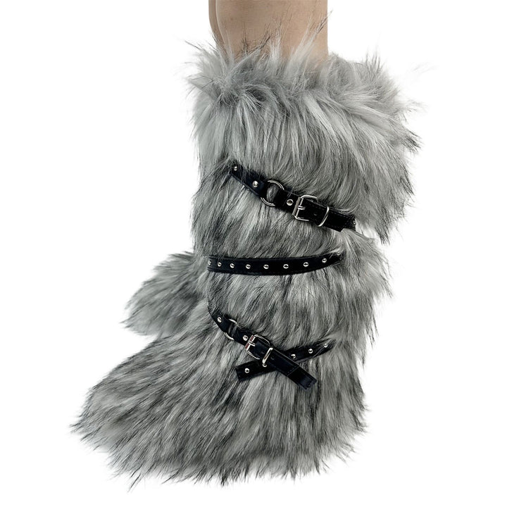 Womens Faux Fur Boot Winter Fluffy Long Furry Boots for Girls Outdoor Fuzzy Knee-High Sexy Snow Boots with Cross Straps and Buckle