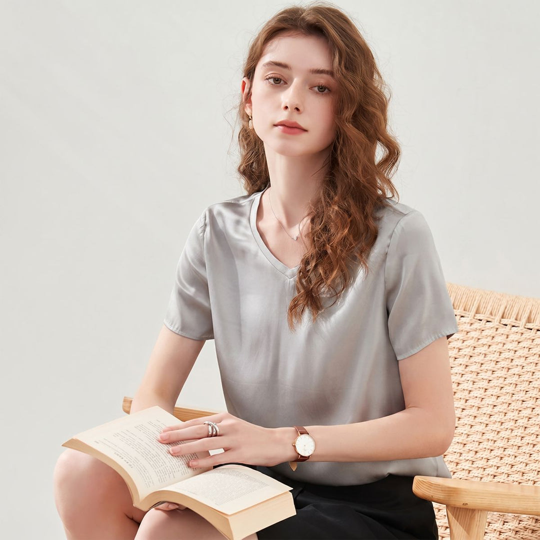 22 Momme Basic V-Neck Pure Mulberry Silk Short Sleeve T-Shirt