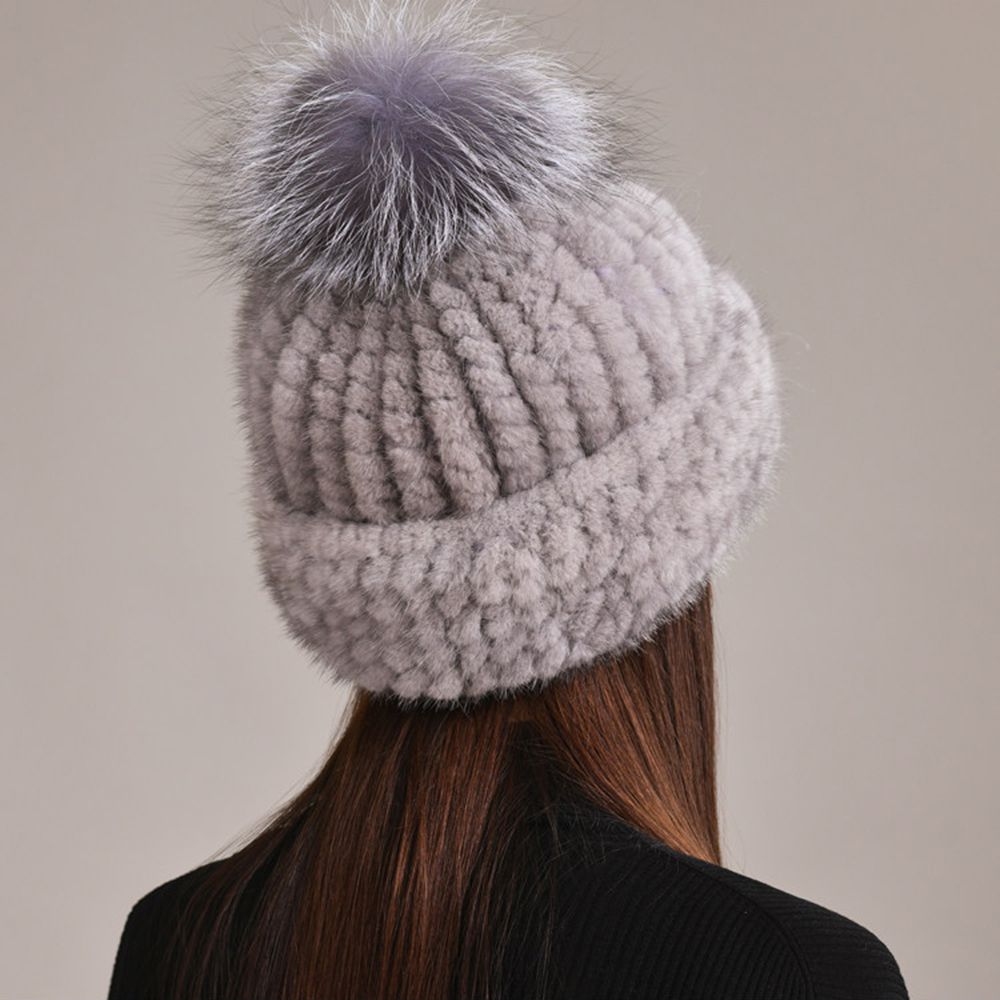 Luxury Real Mink Fur Beanie Hat with Fox Fur Pom-Pom Elegant Winter Knitted Hat for Women