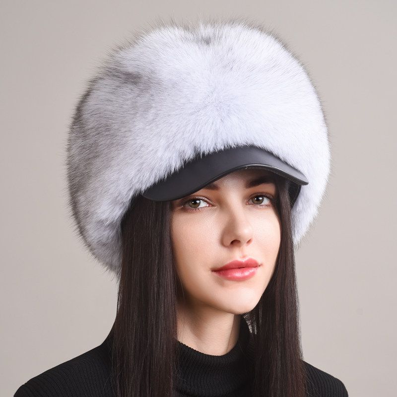 Luxury Real Fox Fur Hat with Leather Visor Elegant Winter Fur Cap for Women