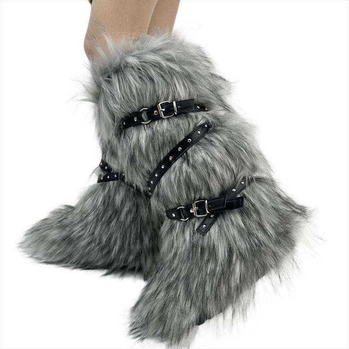 Womens Faux Fur Boot Winter Fluffy Long Furry Boots for Girls Outdoor Fuzzy Knee-High Sexy Snow Boots with Cross Straps and Buckle