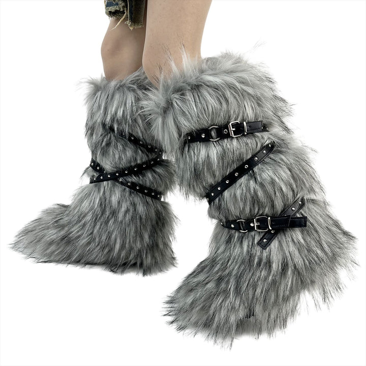 Womens Faux Fur Boot Winter Fluffy Long Furry Boots for Girls Outdoor Fuzzy Knee-High Sexy Snow Boots with Cross Straps and Buckle