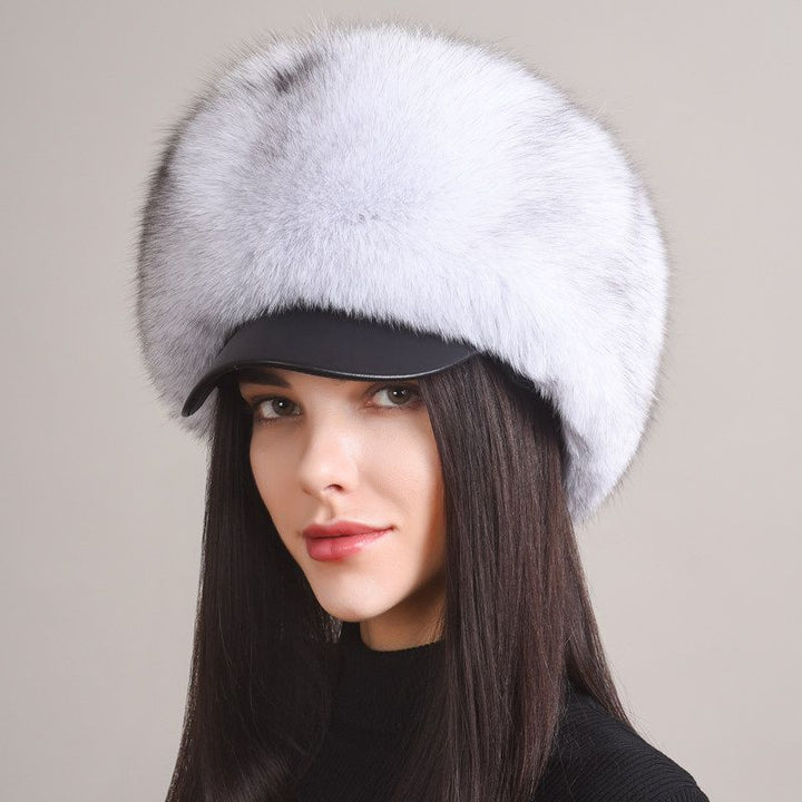 Luxury Real Fox Fur Hat with Leather Visor Elegant Winter Fur Cap for Women