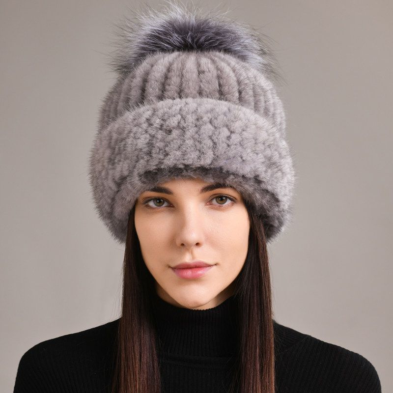 Luxury Real Mink Fur Beanie Hat with Fox Fur Pom-Pom Elegant Winter Knitted Hat for Women