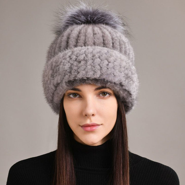 Luxury Real Mink Fur Beanie Hat with Fox Fur Pom-Pom Elegant Winter Knitted Hat for Women