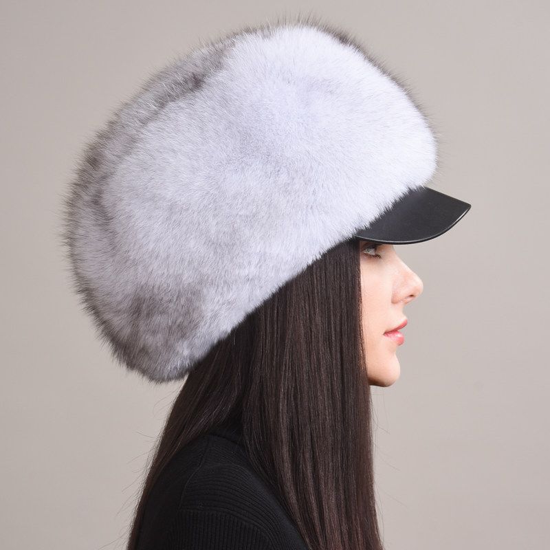 Luxury Real Fox Fur Hat with Leather Visor Elegant Winter Fur Cap for Women