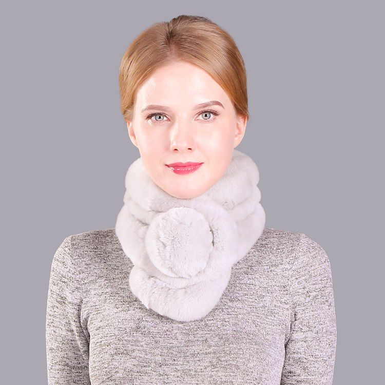 Luxury Real Rabbit Fur Collar Scarf with Pom-Pom Soft Winter Neck Warmer
