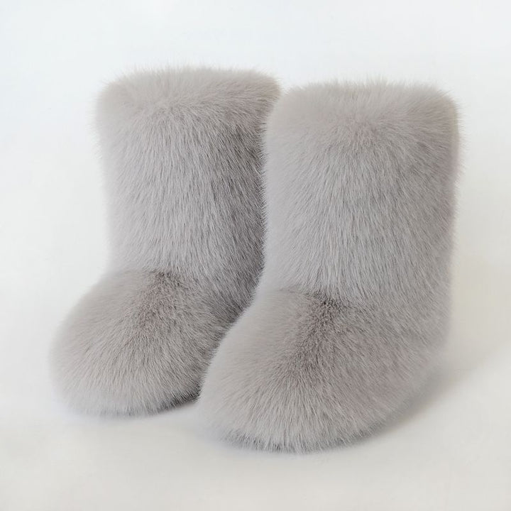 Faux Fox Fur Snow Boots for Women Winter Furry Cozy Slip-On Ankle Fur Boots