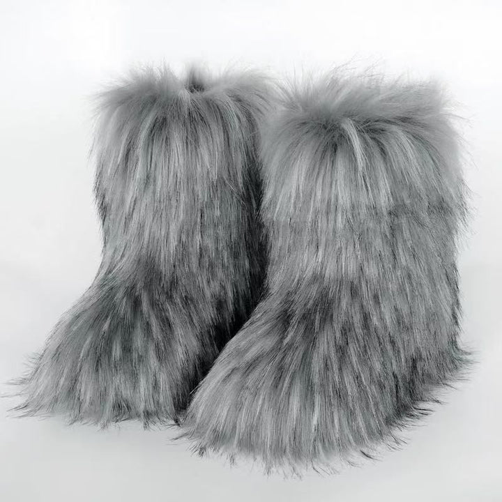 Faux Raccoon Fur Snow Boots for Women Winter Furry Cozy Slip-On Ankle Fur Boots
