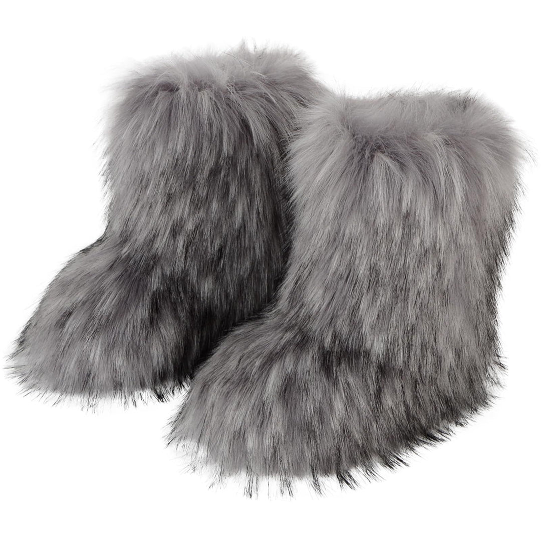 Faux Raccoon Fur Snow Boots for Women Winter Furry Cozy Slip-On Ankle Fur Boots