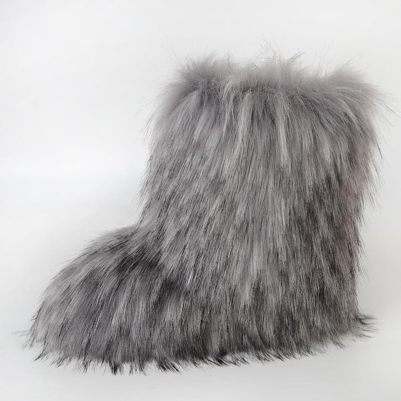 Faux Raccoon Fur Snow Boots for Women Winter Furry Cozy Slip-On Ankle Fur Boots