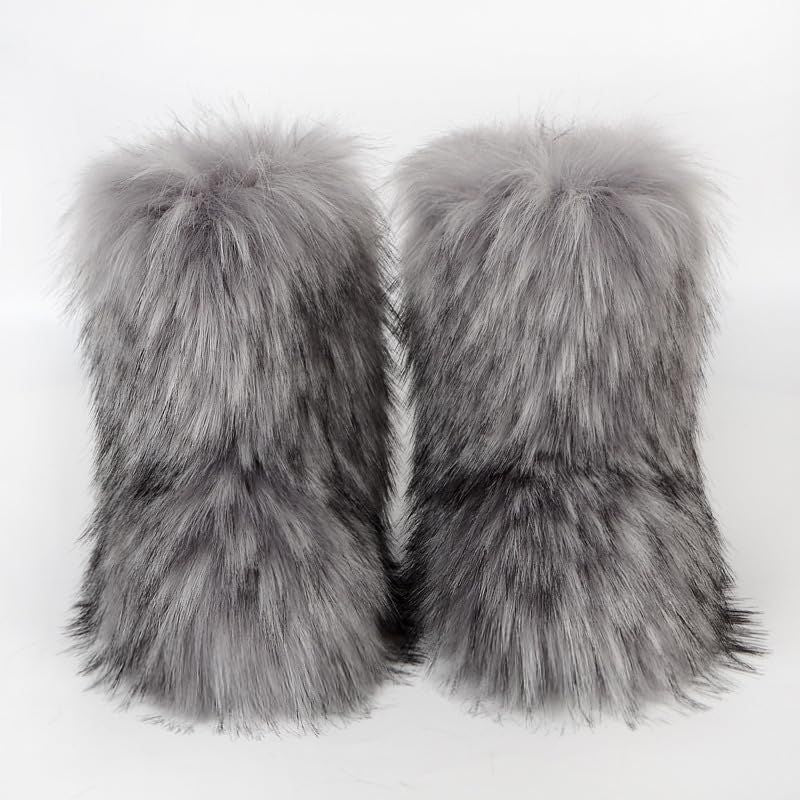 Faux Raccoon Fur Snow Boots for Women Winter Furry Cozy Slip-On Ankle Fur Boots