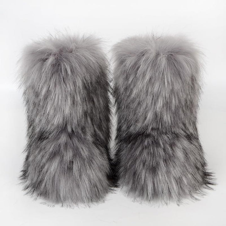Faux Raccoon Fur Snow Boots for Women Winter Furry Cozy Slip-On Ankle Fur Boots
