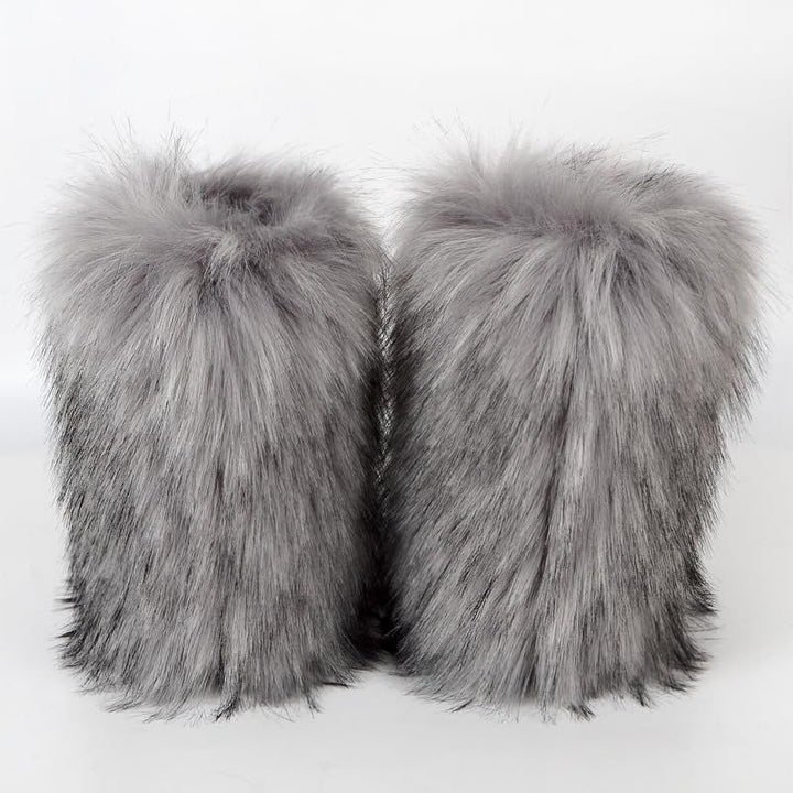 Faux Raccoon Fur Snow Boots for Women Winter Furry Cozy Slip-On Ankle Fur Boots