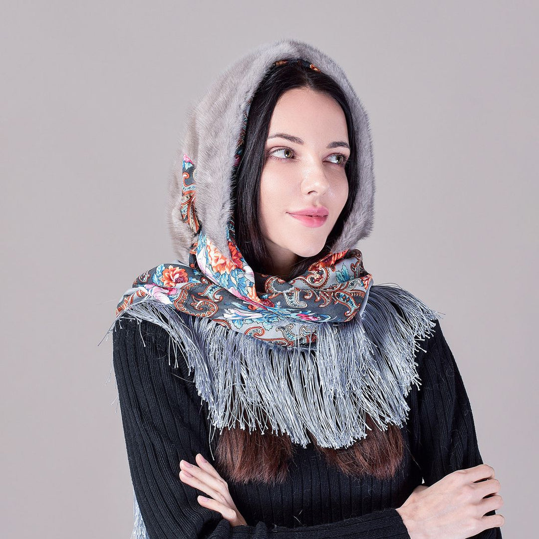 Luxury Real Mink Fur Hooded Hat with Scarf Elegant Winter Fur Hood for Women