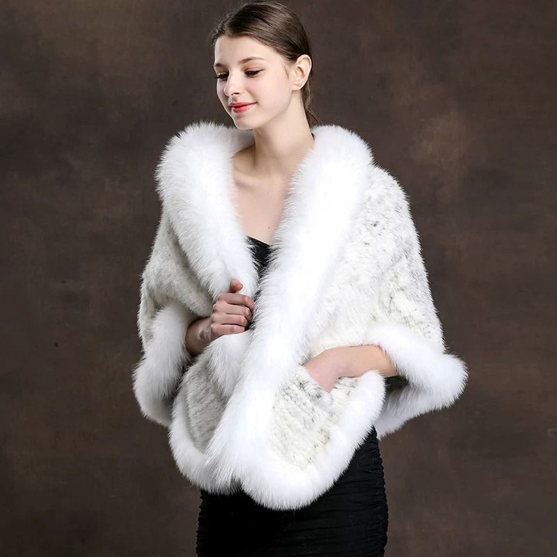 Women's Real Mink Fur Knitted Shawl Wrap with Pockets Fluffy Fox Fur Trimmed Cape