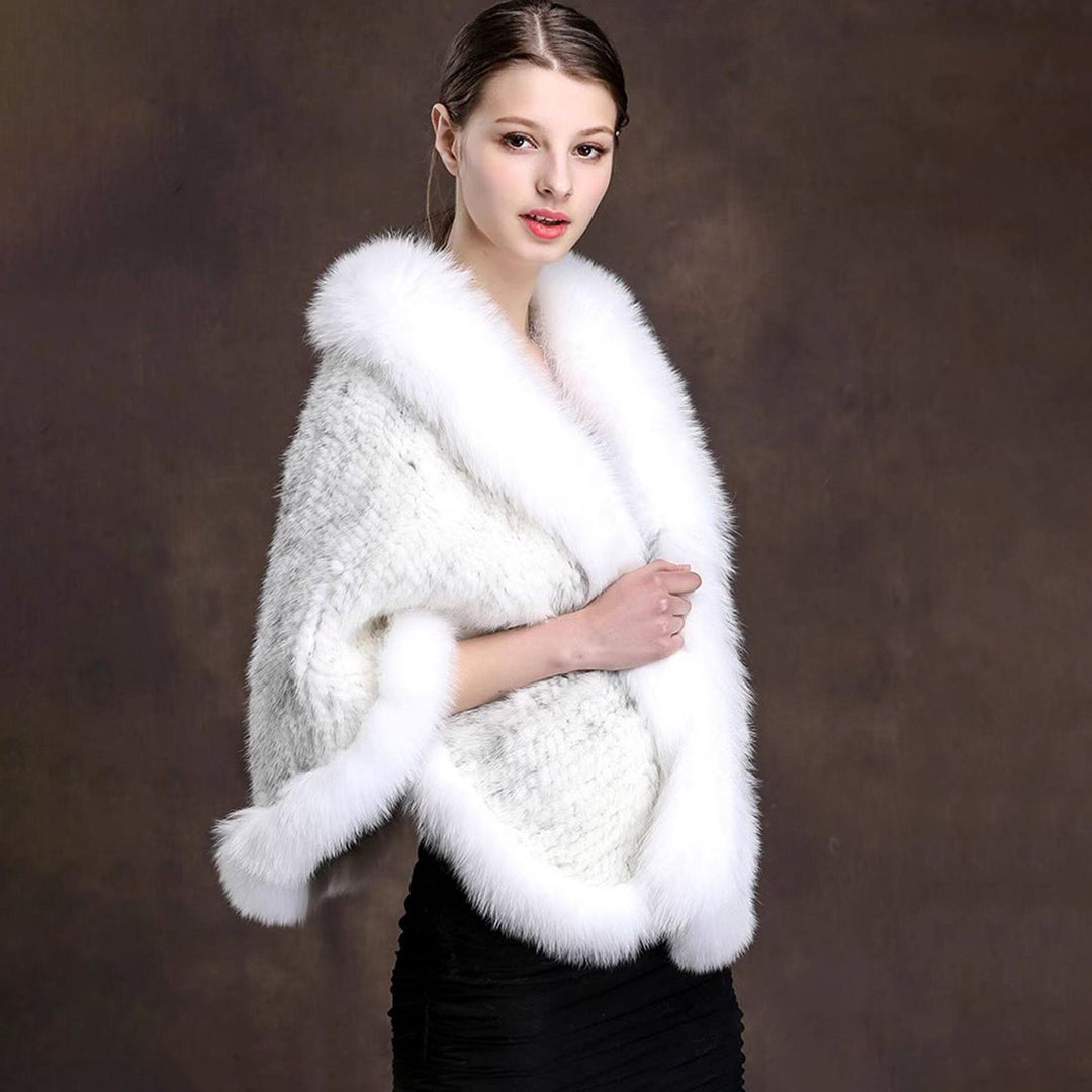 Women's Real Mink Fur Knitted Shawl Wrap with Pockets Fluffy Fox Fur Trimmed Cape
