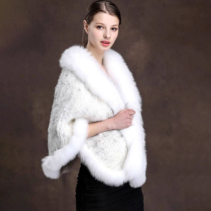 Women's Real Mink Fur Knitted Shawl Wrap with Pockets Fluffy Fox Fur Trimmed Cape