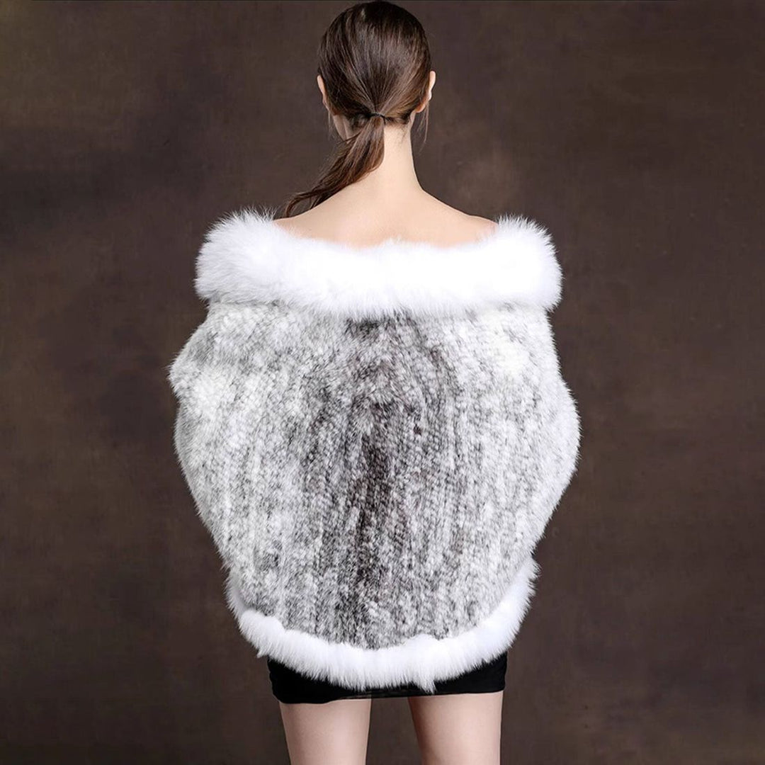 Women's Real Mink Fur Knitted Shawl Wrap with Pockets Fluffy Fox Fur Trimmed Cape