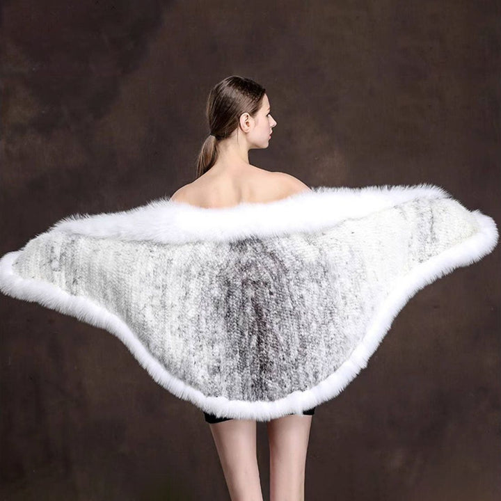 Women's Real Mink Fur Knitted Shawl Wrap with Pockets Fluffy Fox Fur Trimmed Cape