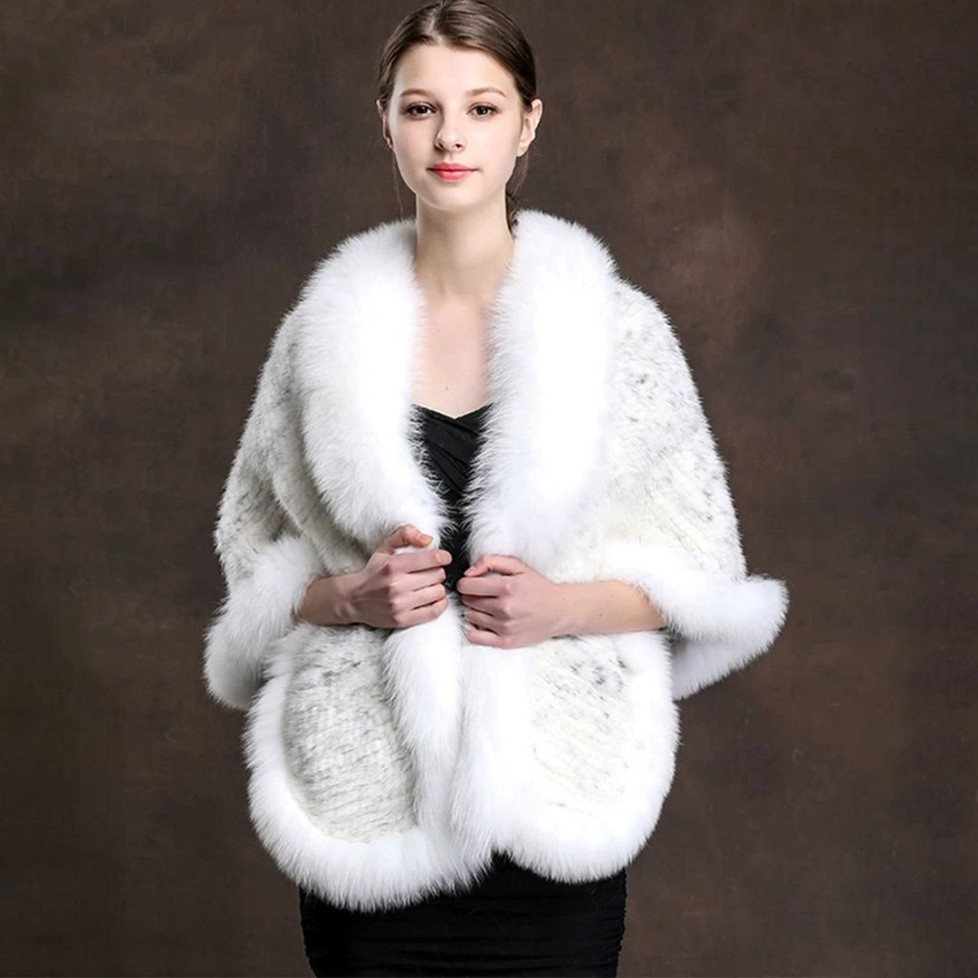 Women's Real Mink Fur Knitted Shawl Wrap with Pockets Fluffy Fox Fur Trimmed Cape