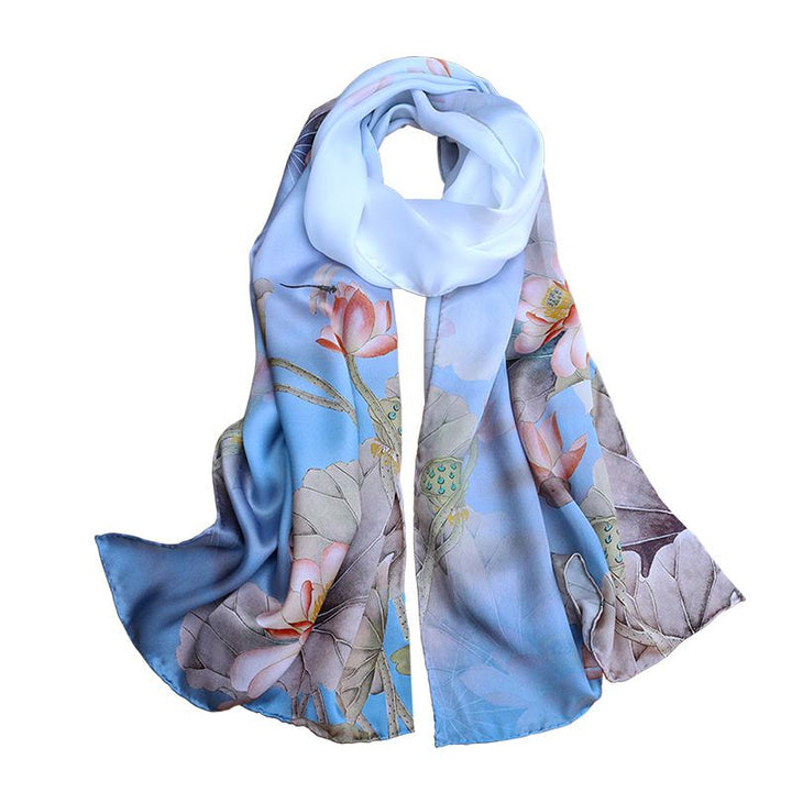 69" x 21" Womens Long Floral Printed Mulberry Silk Scarf Lightweight Luxury Wrap Neck Shawl