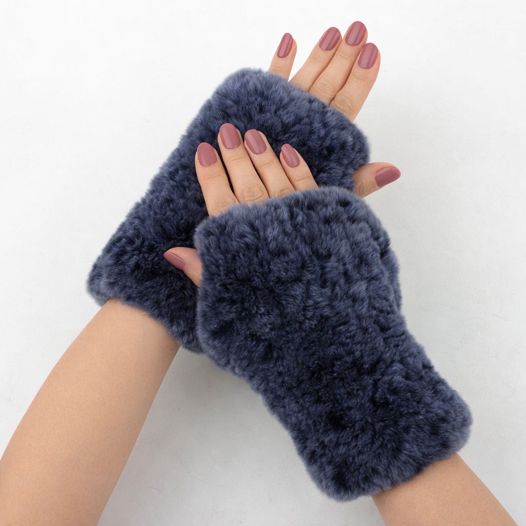 Women’s Real Rabbit Fur Fingerless Gloves Soft Plush Winter Knitted Mittens
