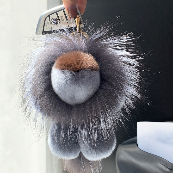 Real Fur Lion Keychain Handmade Fluffy Animal Bag Charm Luxury Fur Pom Pom Key Ring