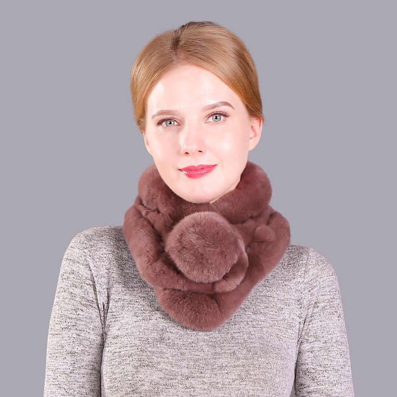 Luxury Real Rabbit Fur Collar Scarf with Pom-Pom Soft Winter Neck Warmer