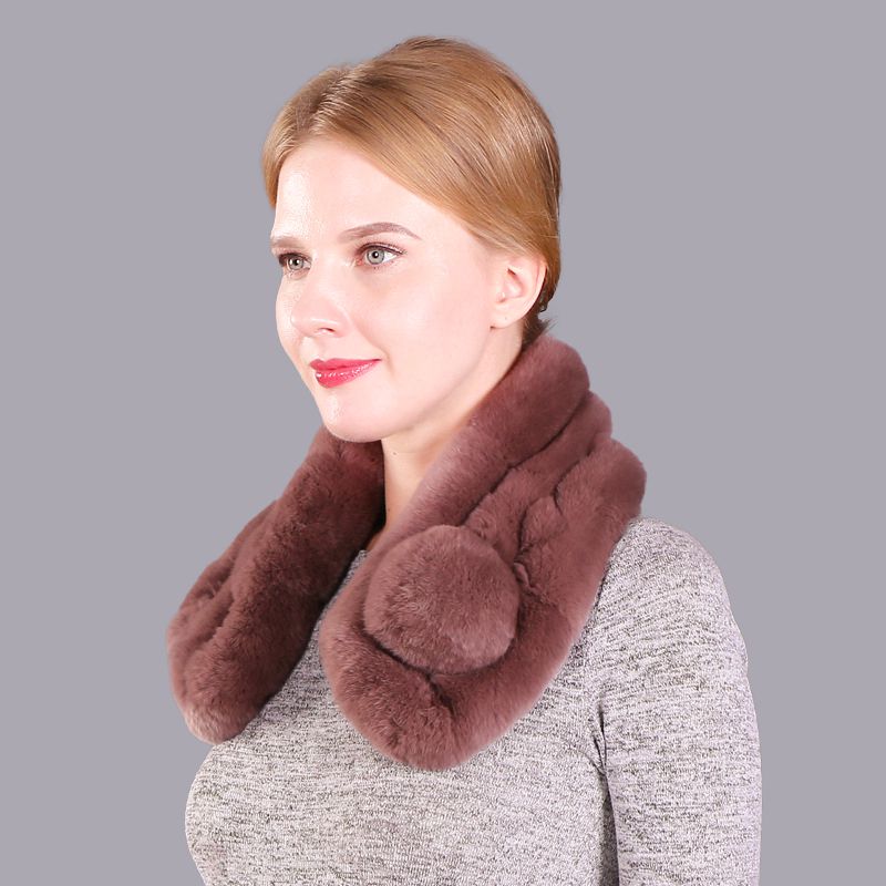 Luxury Real Rabbit Fur Collar Scarf with Pom-Pom Soft Winter Neck Warmer