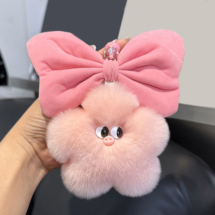 Real Rabbit Fur Star Pig Keychain Cute Plush Bow Pig Bag Charm