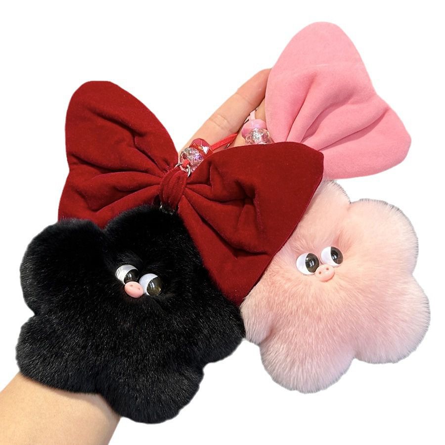 Real Rabbit Fur Star Pig Keychain Cute Plush Bow Pig Bag Charm