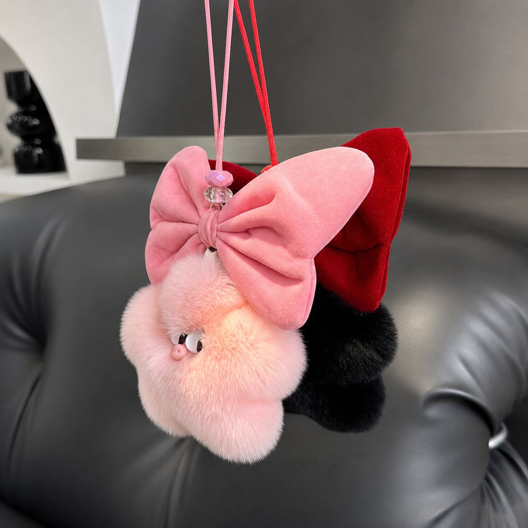Real Rabbit Fur Star Pig Keychain Cute Plush Bow Pig Bag Charm