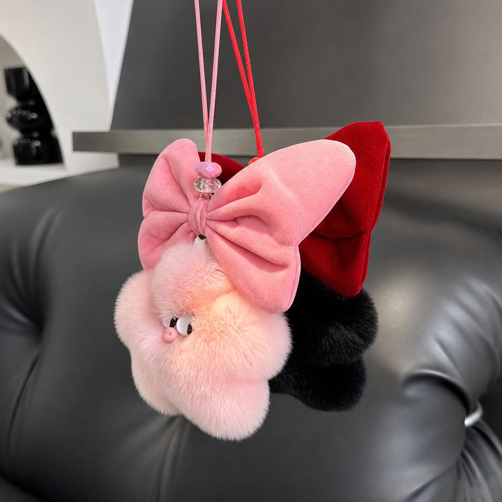 Real Rabbit Fur Star Pig Keychain Cute Plush Bow Pig Bag Charm