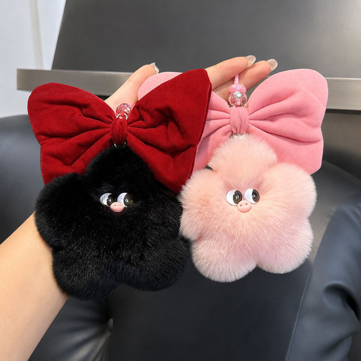 Real Rabbit Fur Star Pig Keychain Cute Plush Bow Pig Bag Charm