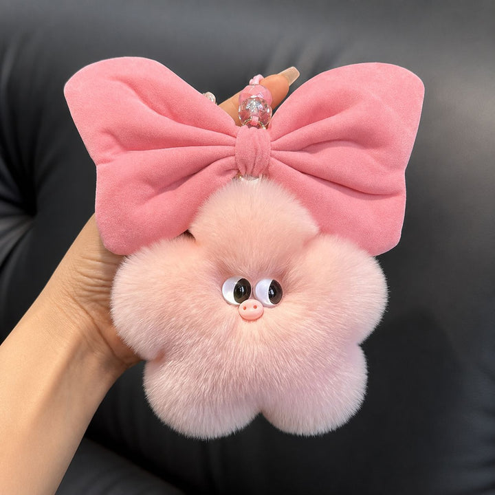 Real Rabbit Fur Star Pig Keychain Cute Plush Bow Pig Bag Charm