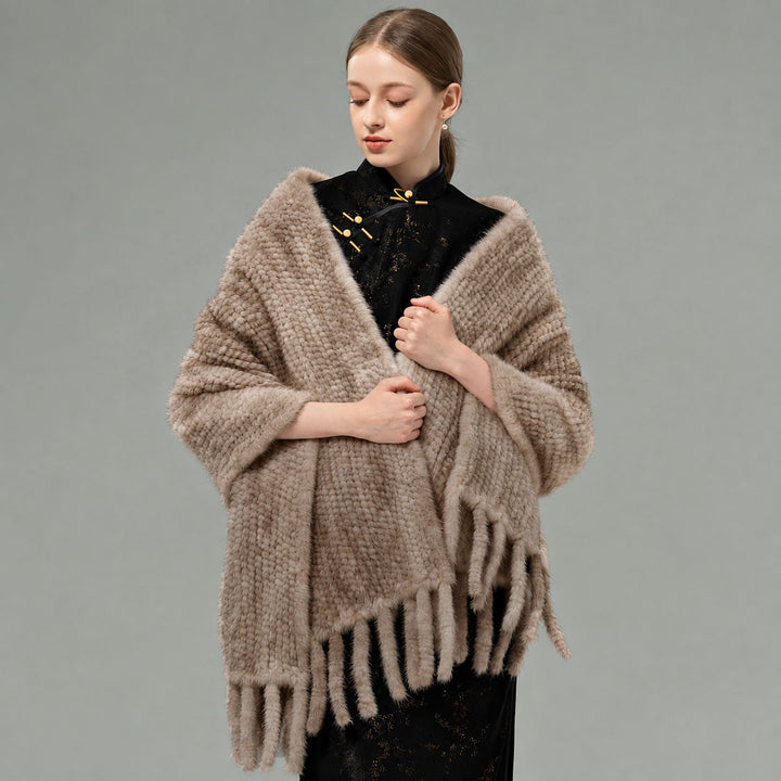 Genuine Mink Fur Shawl Wrap Elegant Fur Stole Cape Scarf with Fringe