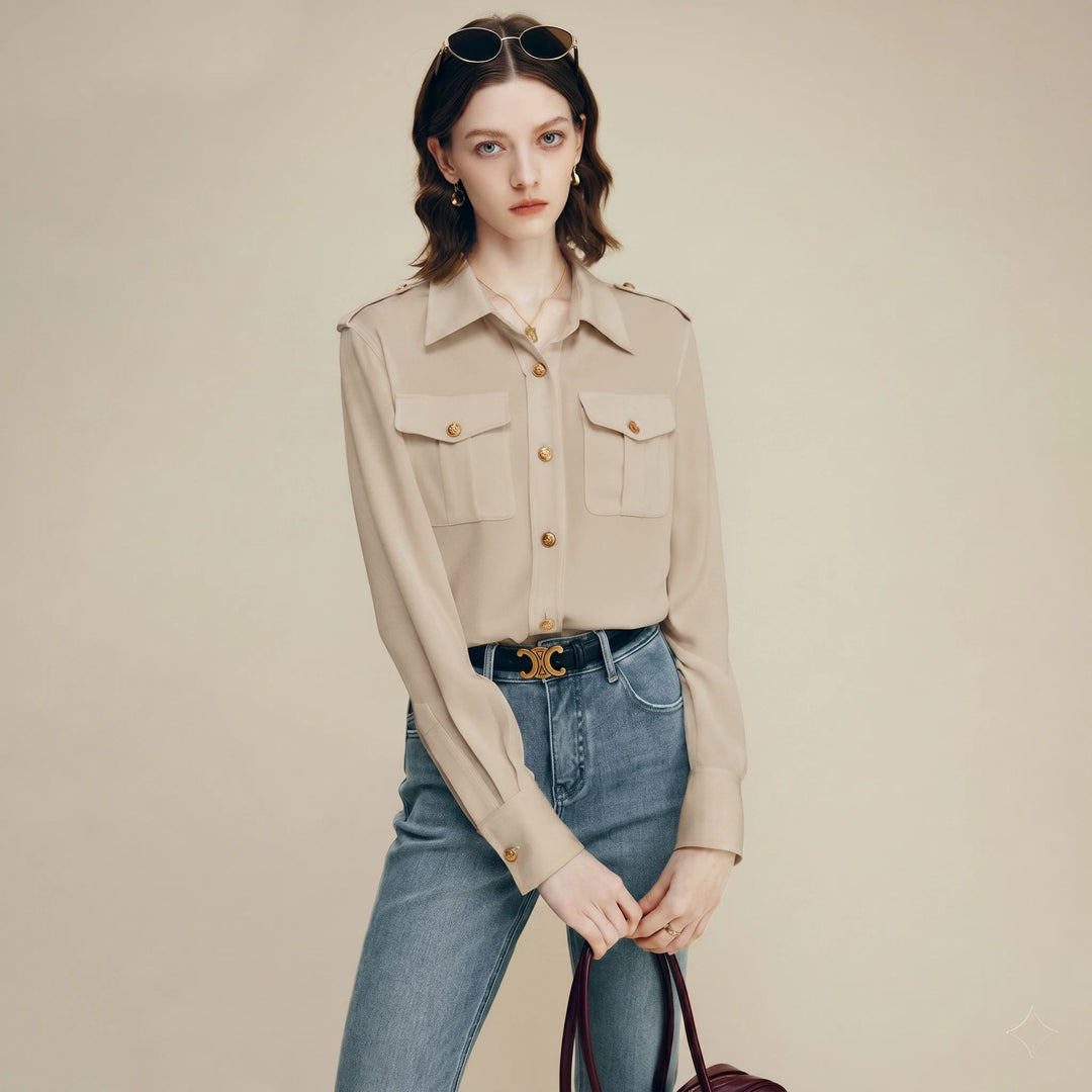 30 Momme Women’s Silk Crepe Utility Shirt with Flap Pockets