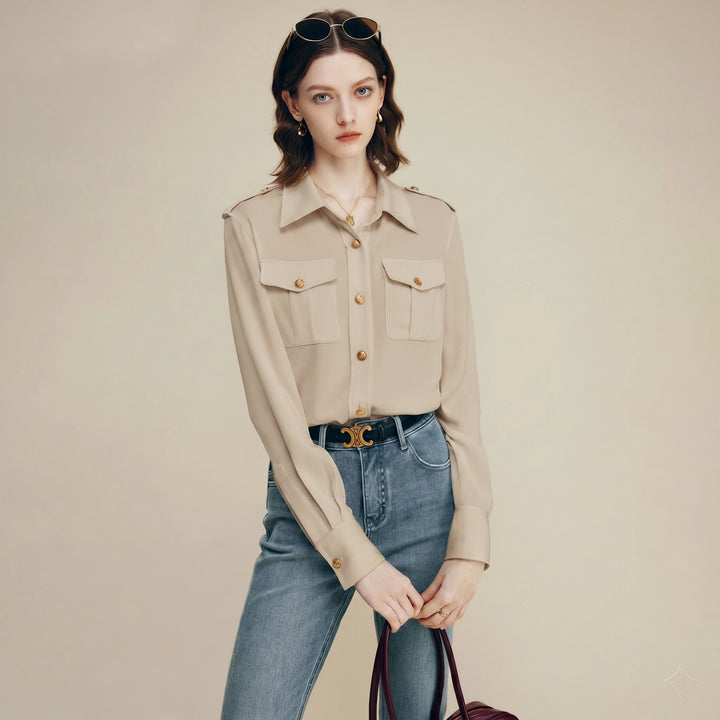 30 Momme Women’s Silk Crepe Utility Shirt with Flap Pockets