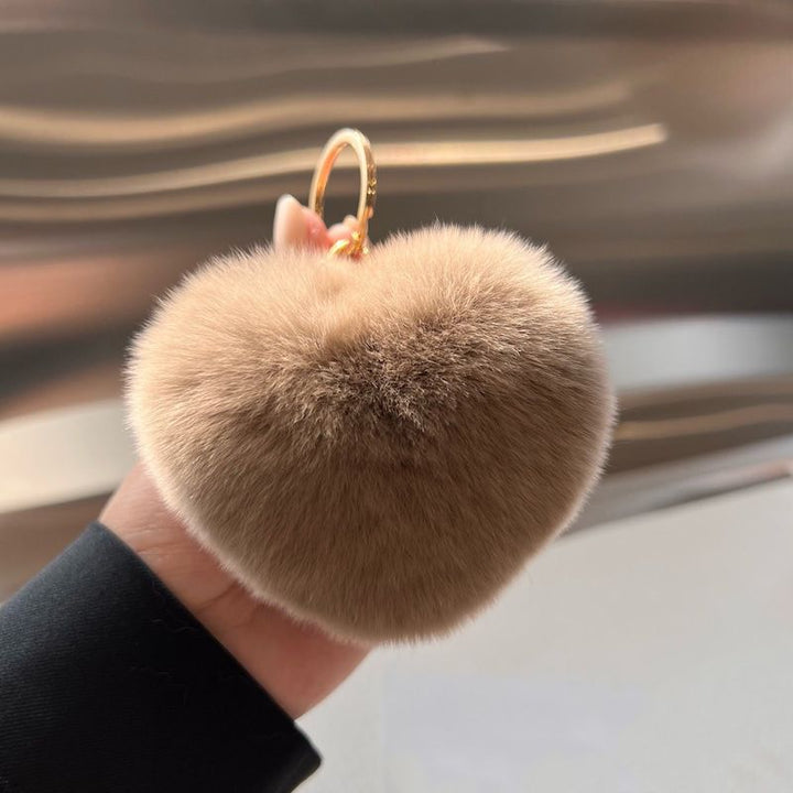 Real Rabbit Fur Heart Keychain Fluffy Plush Fur Pom Pom Bag Charm
