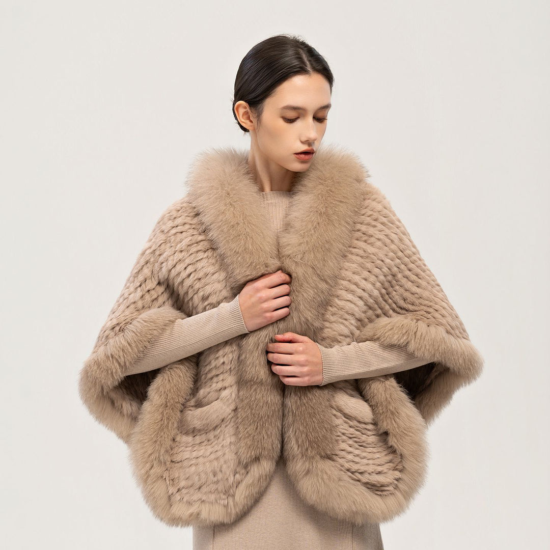 Winter Wedding Real Fox Fur Trimmed Rabbit Fur Knitted Shawl Wrap Cape