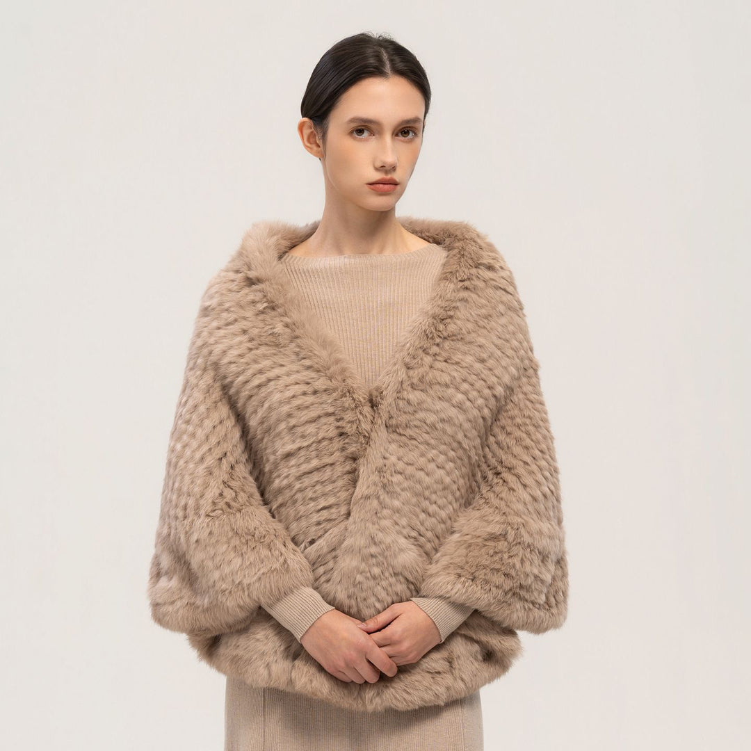 Rabbit Fur Knitted Shawl Wrap with Pockets Affordable Fur Coat