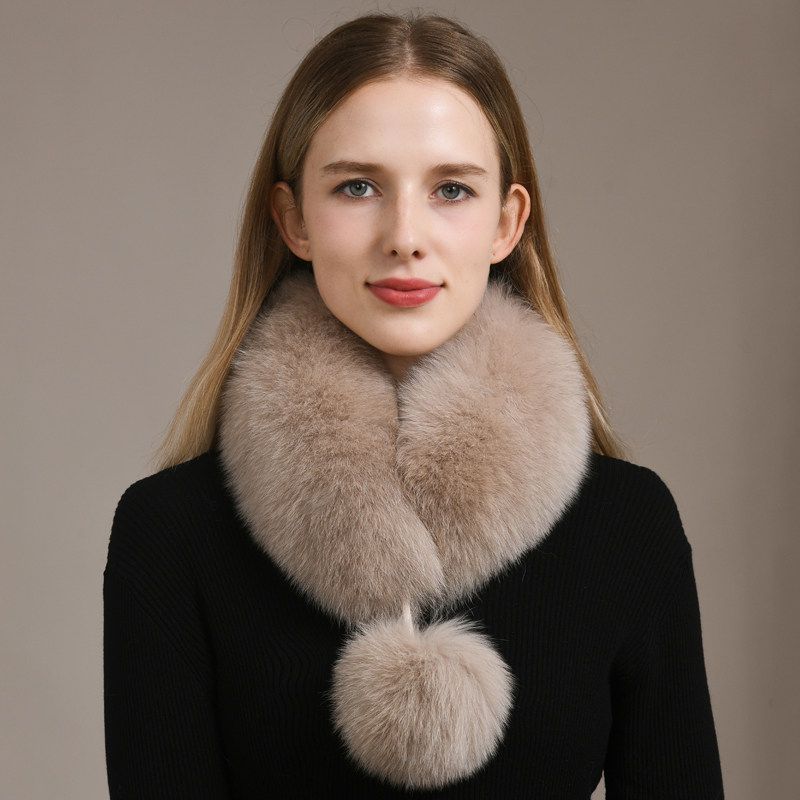 Women’s Real Fox Fur Scarf with Pom-Pom Genuine Fur Collar Neck Warmer