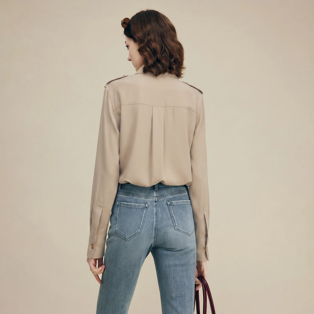 30 Momme Women’s Silk Crepe Utility Shirt with Flap Pockets
