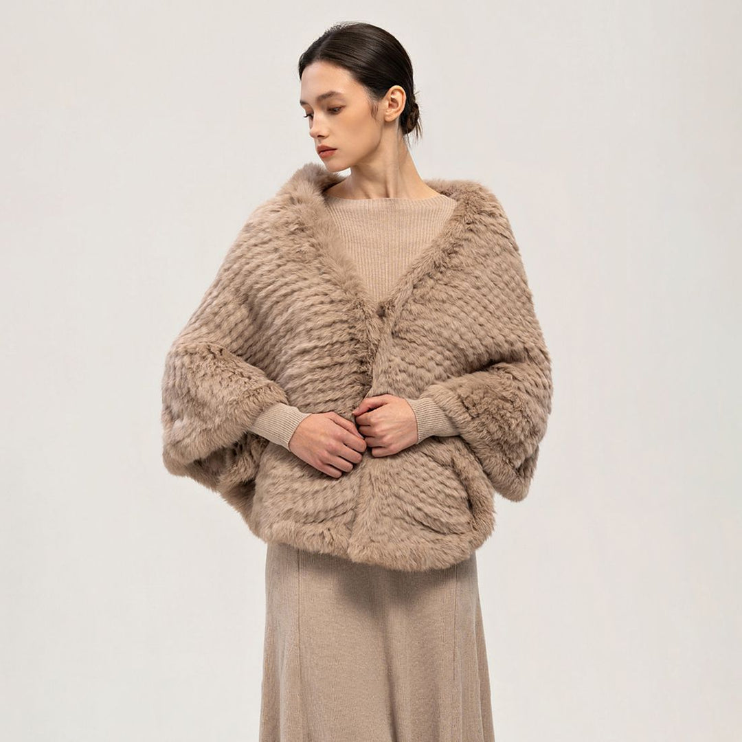 Rabbit Fur Knitted Shawl Wrap with Pockets Affordable Fur Coat
