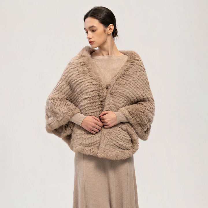 Rabbit Fur Knitted Shawl Wrap with Pockets Affordable Fur Coat