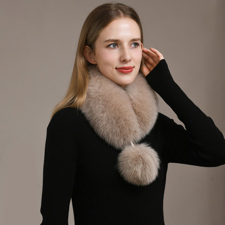 Women’s Real Fox Fur Scarf with Pom-Pom Genuine Fur Collar Neck Warmer